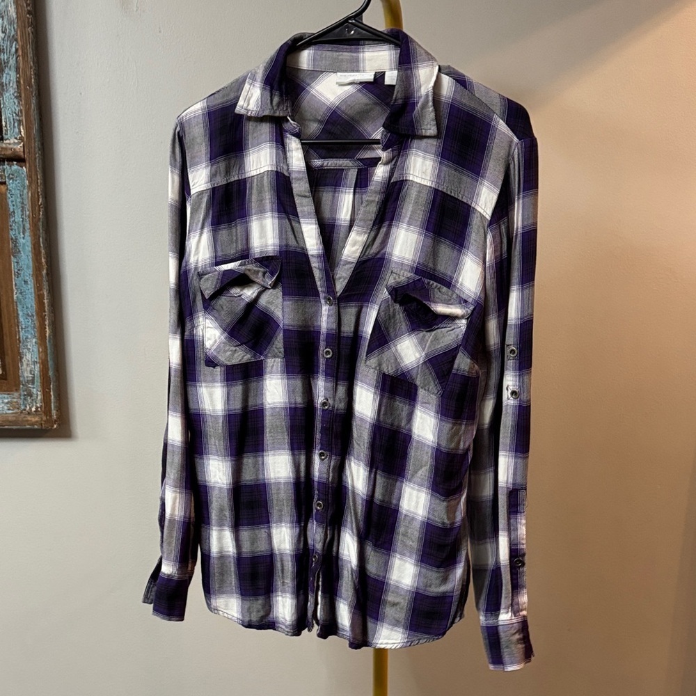 New York & Company Purple and White plaid Shirt EUC M